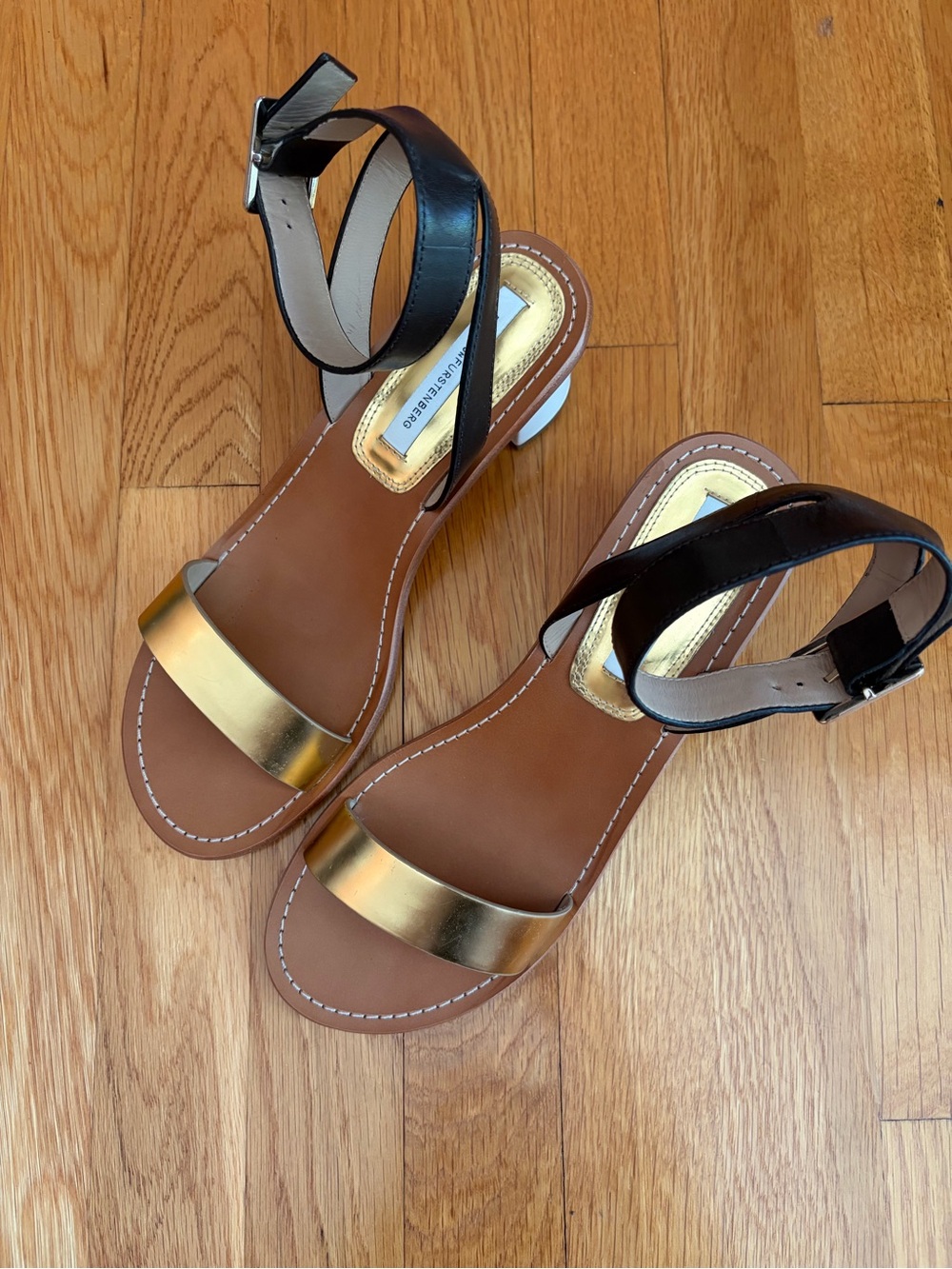 diane von furstenberg metallic gold, black and white block heel sandals